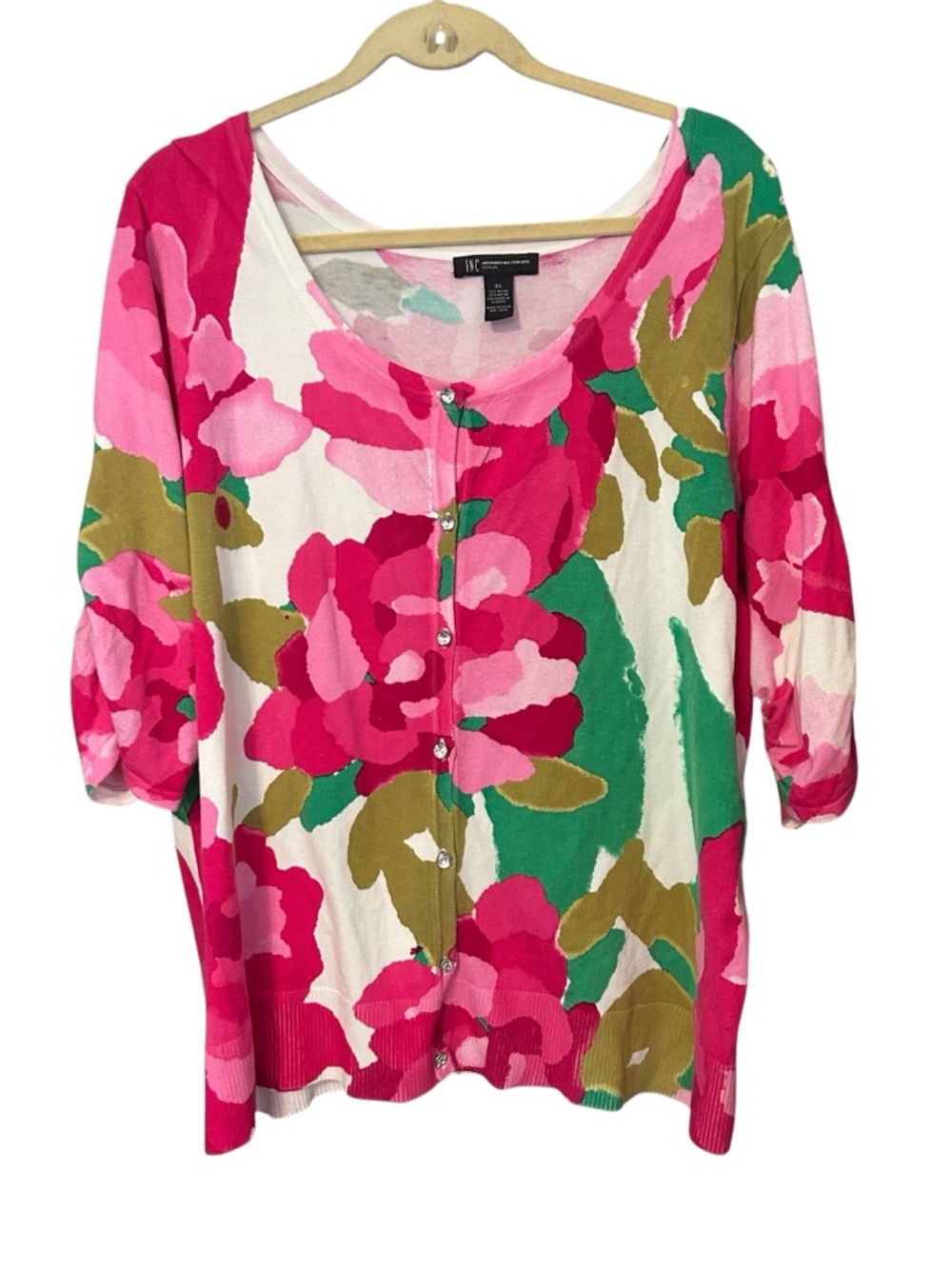 INC International Concepts Pink Green Floral Colorful Ruched Sleeve Cardigan 3X